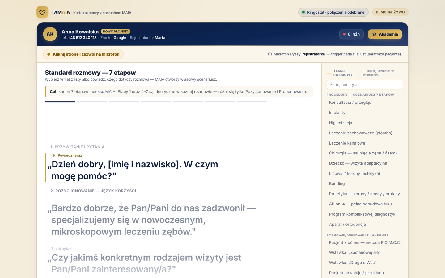 Okno suflera. U góry żółty pasek „Kliknij stronę i zezwól na mikrofon